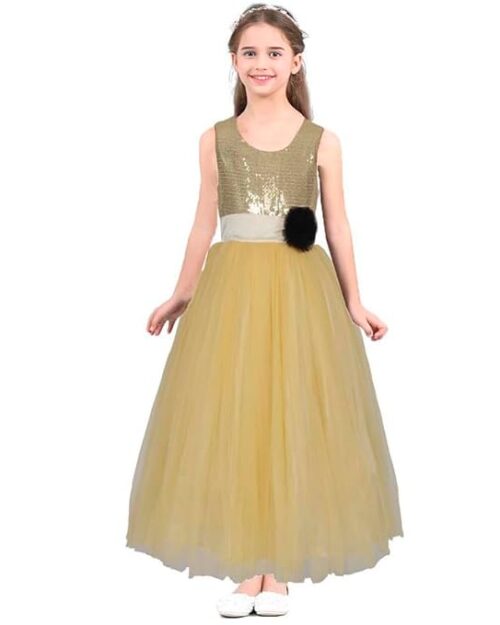 RUMY FASHION Baby Girls Polyester Sleeveless Sequin Applique Gowns in Golden Color (RF_012_Kidswear)