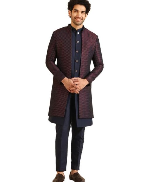 KISAH Men's Indo-Western Waistcoat Sherwani Trouser Set, Wine Jacquard, Woven Design Regular Fit Mandarin Collar Long Sleeves