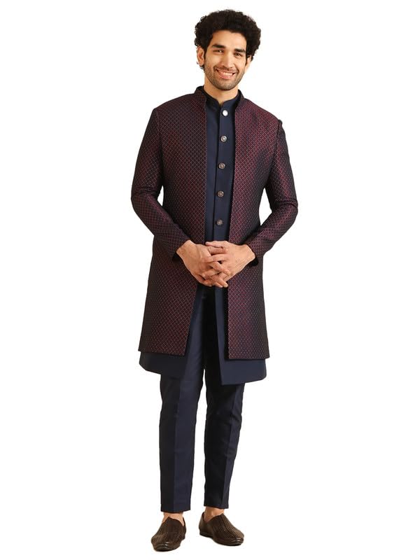 KISAH Men's Indo-Western Waistcoat Sherwani Trouser Set, Wine Jacquard, Woven Design Regular Fit Mandarin Collar Long Sleeves