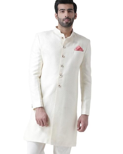 KISAH Men's Indo-Western Sherwani, Red Silk Blend, Solid Regular Fit Mandarin Collar Long Sleeves