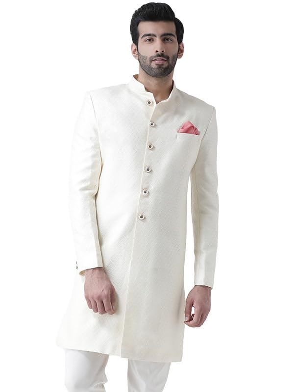 KISAH Men's Indo-Western Sherwani, Red Silk Blend, Solid Regular Fit Mandarin Collar Long Sleeves