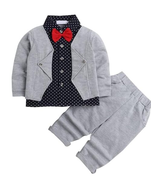 Hopscotch Boys Cotton Polka Dot Print Shirt and Pants Set with Bow In Multi Color For Ages 3-4 Years