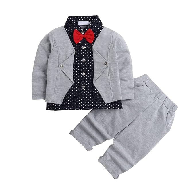 Hopscotch Boys Cotton Polka Dot Print Shirt and Pants Set with Bow In Multi Color For Ages 3-4 Years