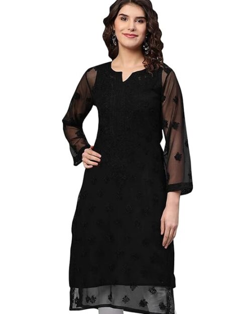 Ada Women Faux Georgette Lucknowi Hand Embroidered Chikankari Georgette Straight Kurta Kurti With Slip A130756