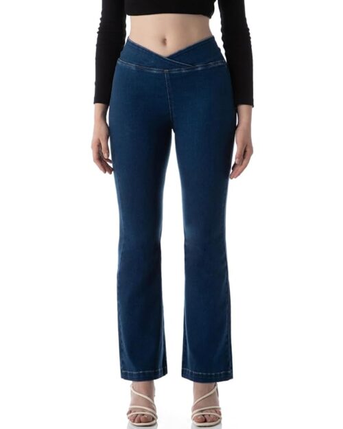 INKD Women's Flared Pull-on Jeans - Mid-Rise| Stretchable | Enzyme Wash | Slant Waistband | Jeans for Women