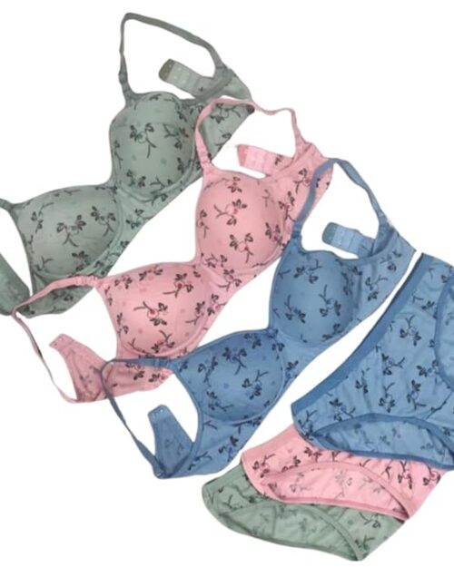 LUZWE Cotton Printed Padded Bra & Panty Set for Women Lingerie Set Multi Combo Pack of 3
