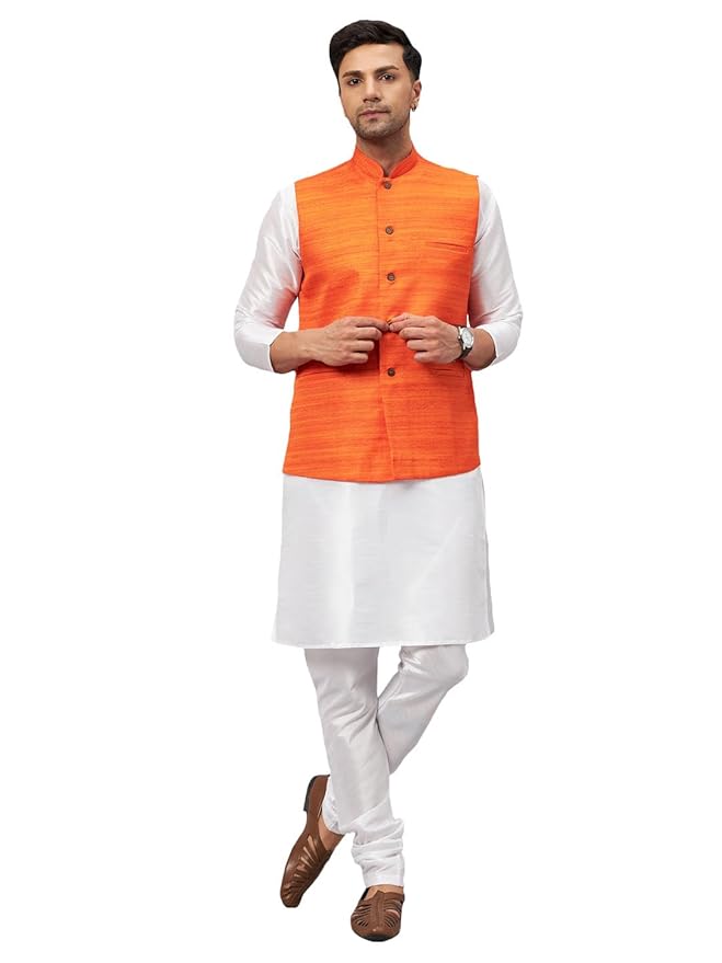 VASTRAMAY Men's Silk Blend Orange And White Jacket, Kurta and Pyjama Set - Ethnic Attire for Timeless Style and Cultural Celebrations And Independence Day | Classic Matka Silk Nehru Jacket