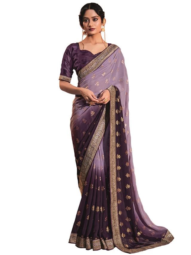 SIRIL Women's Lace & Foil Printed Georgette Saree with Unstitched Blouse Piece