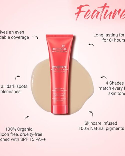 Biotique Natural Makeup Magicare All Day Liquid Full Coverage Foundation (Gypsum, 30Ml, Natural Finish), Pack Of 1