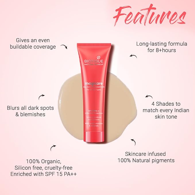 Biotique Natural Makeup Magicare All Day Liquid Full Coverage Foundation (Gypsum, 30Ml, Natural Finish), Pack Of 1