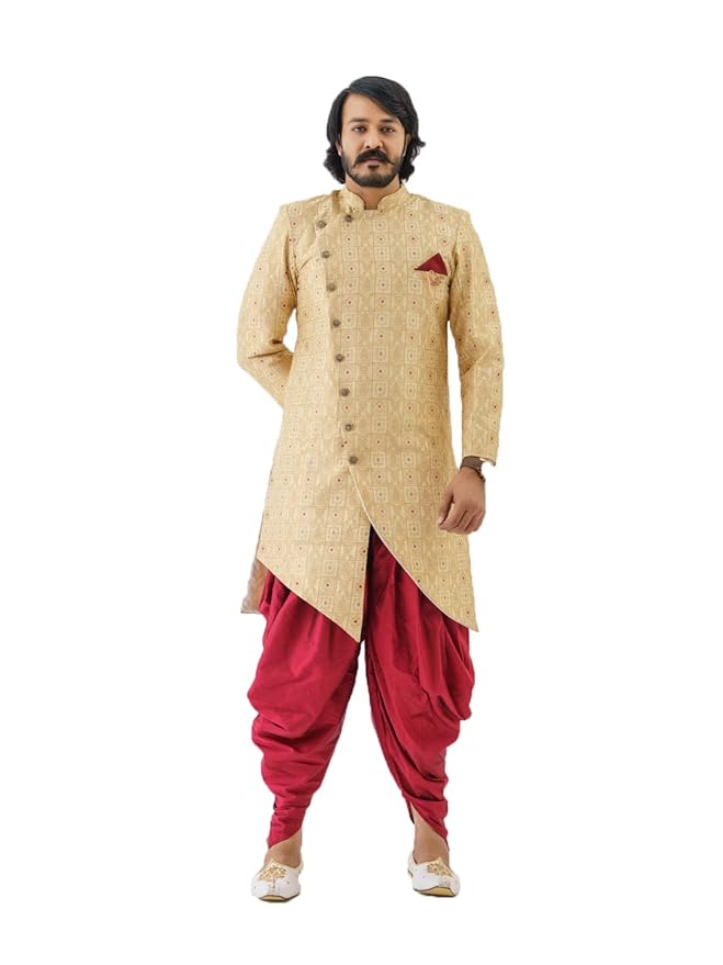 Amzira Brand Boy Mens Sherwani Indo Western Style Full Sleeve Round Neck Dhoti Kurta Dress Set