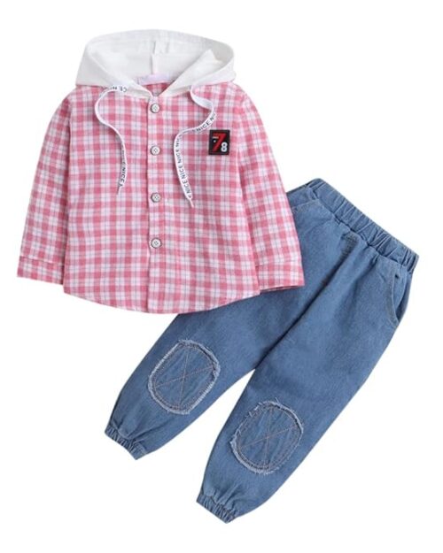 Hopscotch Boys Cotton Check Shirt and Jeans Set In Pink Color