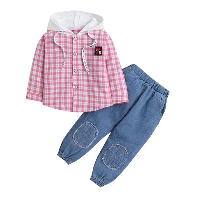 Hopscotch Boys Cotton Check Shirt and Jeans Set In Pink Color