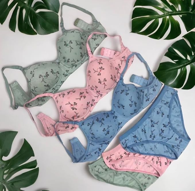 LUZWE Cotton Printed Padded Bra & Panty Set for Women Lingerie Set Multi Combo Pack of 3 - Image 2