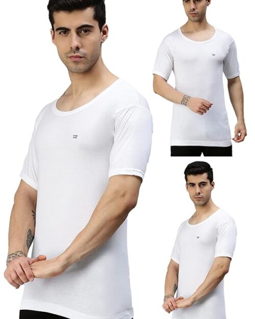 Lux Cozi Men's White Round Neck Half Sleeves 100% Cotton Vest with Extended Length for Easy Tuck (Pack of 3)