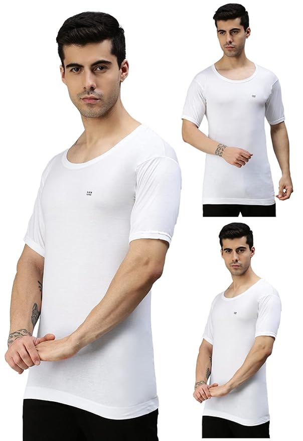 Lux Cozi Men's White Round Neck Half Sleeves 100% Cotton Vest with Extended Length for Easy Tuck (Pack of 3)