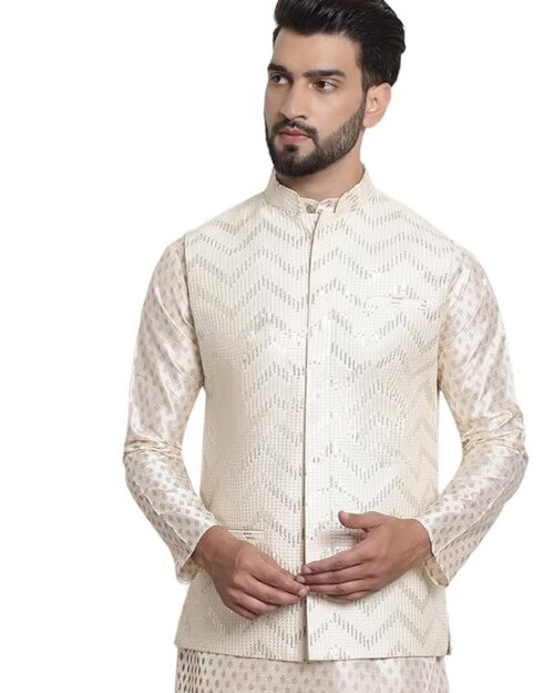SOJANYA (Since 1958 Men's Silk Blend, Gold Sequence Embroidered Nehru Jacket