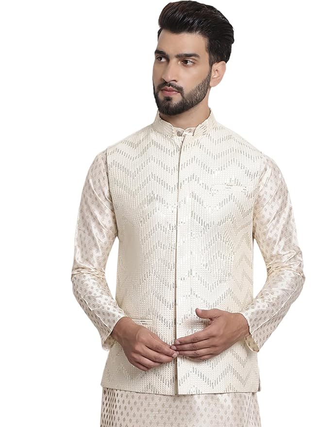 SOJANYA (Since 1958 Men's Silk Blend, Gold Sequence Embroidered Nehru Jacket