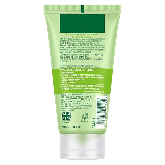 Simple Kind To Skin Refreshing Face Wash 150 ml | 100% soap-free gentle cleanser for sensitive, dry & oily skin, for women & men