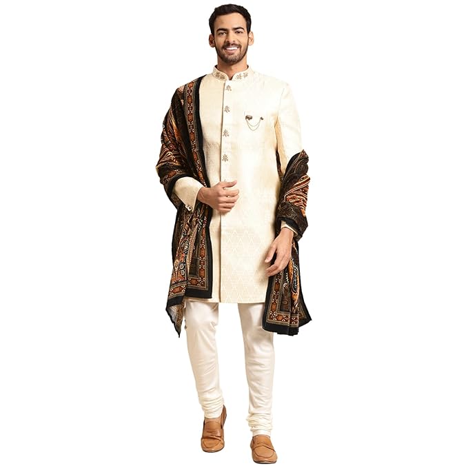 KISAH Men's White Kurta Indo-Western Sherwani Set Indo-Western, Full Sleaves, Knee Length, Straight, Regular Fit, Mandarin Collar Ethnic wear