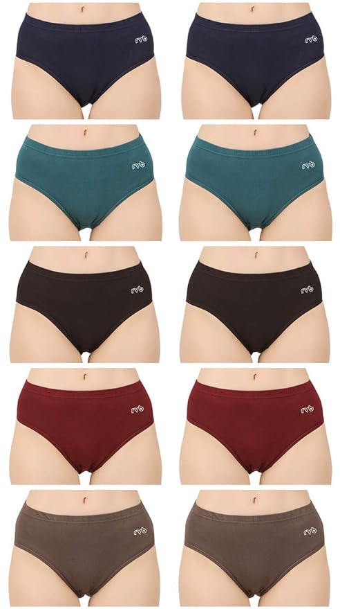 RVB Fashions Womens Cotton Panty (Pack of 10), Plain, Assorted Colour, Inner ElasticMaterial composition100% Combed Cotton Rise styleLow Care instructionsMachine or Hand Wash, Dry in Shade PatternSolid Number of items10 Material typeCotton Country of OriginIndia
