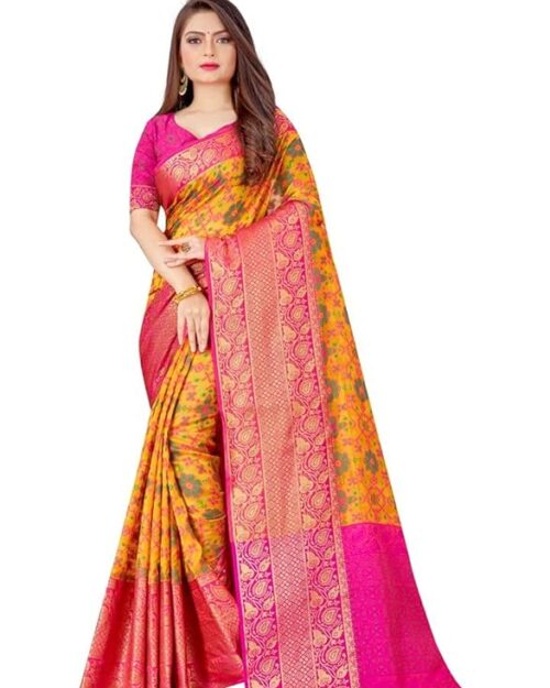 SWORNOF Women's kanjivaram banarasi silk saree for festival Wedding silk with rich pallu Design sarees for women with Unstitched blouse piece