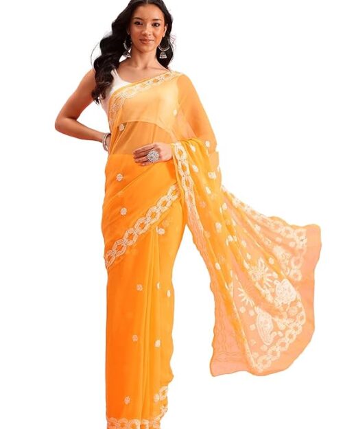 Ada Women's Hand Embroidered Lucknowi Chikankari Georgette Saree With Unstitched Blouse Piece A444222