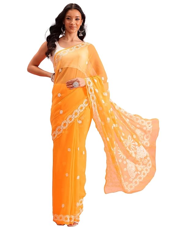 Ada Women's Hand Embroidered Lucknowi Chikankari Georgette Saree With Unstitched Blouse Piece A444222