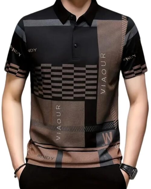Men's Irregular Geometric Pattern and Alphabet Print Sports Collar Tshirt (Rizim Temu Print Polo-Black)