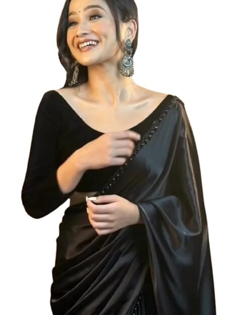 SATAZ Women's Ready to Wear Black Satin Silk 1 Minute Pre Pleated Heavy Saree With Hand Work Lace