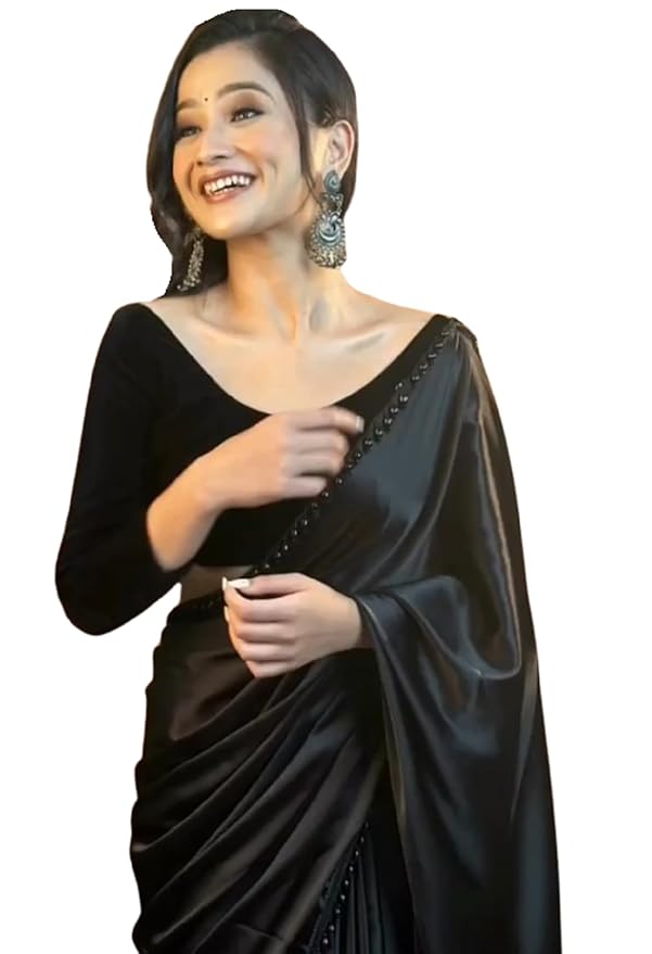 SATAZ Women's Ready to Wear Black Satin Silk 1 Minute Pre Pleated Heavy Saree With Hand Work Lace
