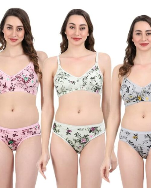 FLOMI Women Full Coverage Non Padded Wirefree Pure Cotton Multicolor Floral Print Bra penty Set Combo Pack