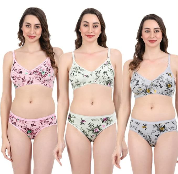 FLOMI Women Full Coverage Non Padded Wirefree Pure Cotton Multicolor Floral Print Bra penty Set Combo Pack