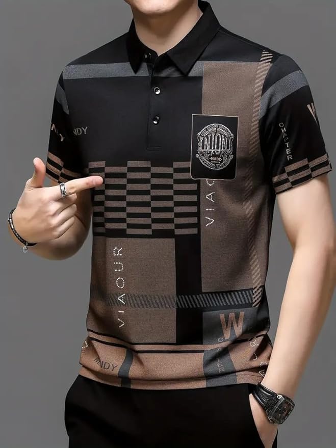 Men's Irregular Geometric Pattern and Alphabet Print Sports Collar Tshirt (Rizim Temu Print Polo-Black) - Image 2