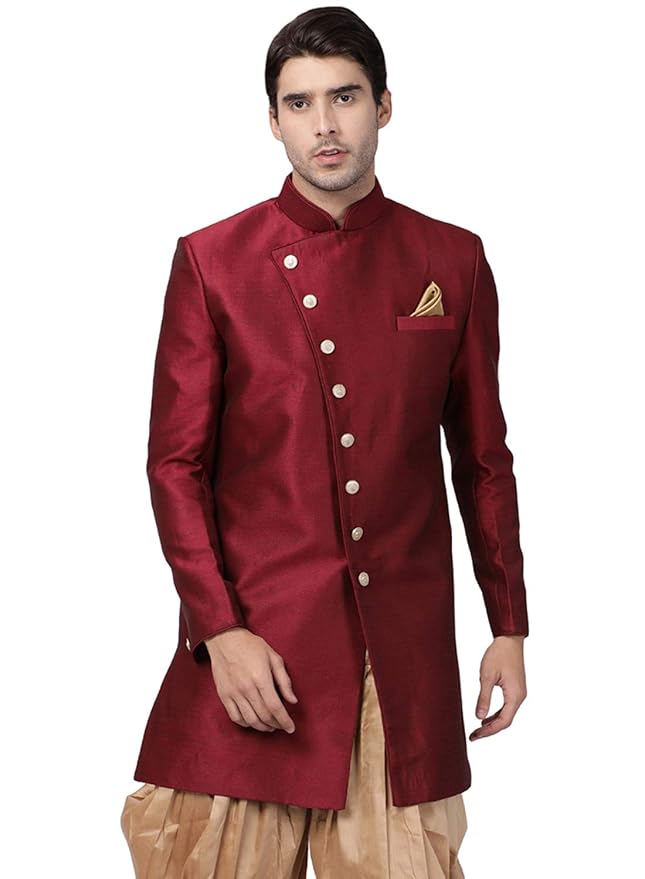 VASTRAMAY Men's Beige Silk Blend Sherwani Only Top
