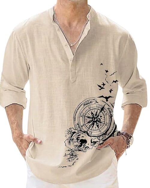 DEELMO Men's Cotton Blend Mandarin Collar Self One Design Full Sleeve Casual Short Kurta
