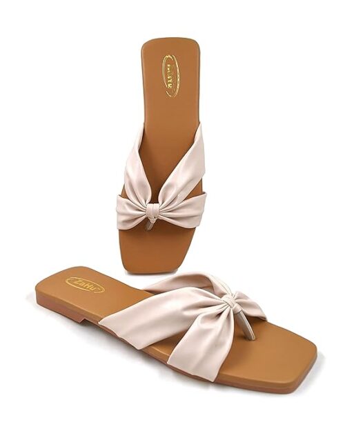 ZaHu women flats slippers stylish model fashion flat casual daily use beige cream off white sandals t-strap flip flops for girls ladies slipper chappal