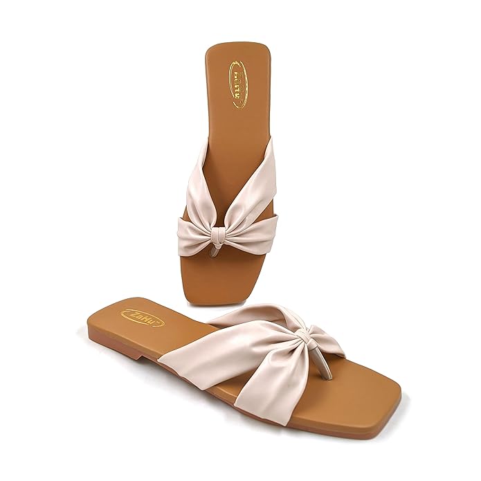 ZaHu women flats slippers stylish model fashion flat casual daily use beige cream off white sandals t-strap flip flops for girls ladies slipper chappal