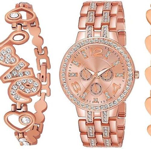 Acnos Rose Gold Radiance Diamond Watch & Heart Bracelet Duo for Women Watch for Girls Pack of 3