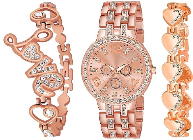 Acnos Rose Gold Radiance Diamond Watch & Heart Bracelet Duo for Women Watch for Girls Pack of 3