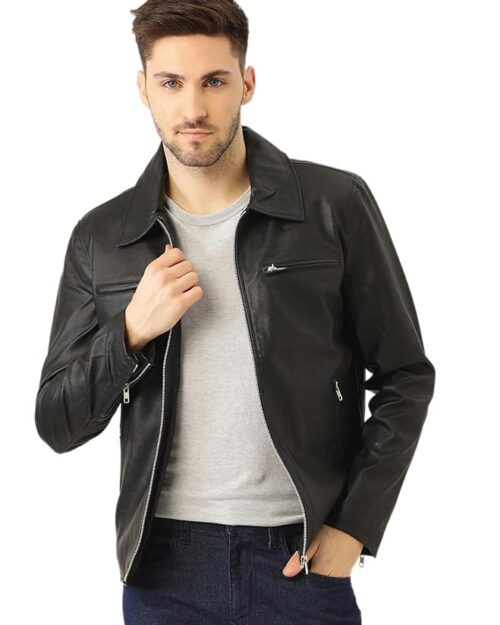 Leather Retail Men's Black Solid Jacket