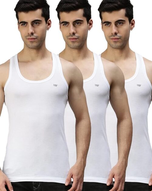 Lux Cozi Men's White Round Neck Sleeveless Cotton Vest (Pack of 3)