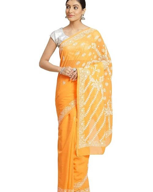 Ada Hand Embroidered Lucknow Chikankari Women's Georgette Saree with Unstitched Blouse Piece A2690