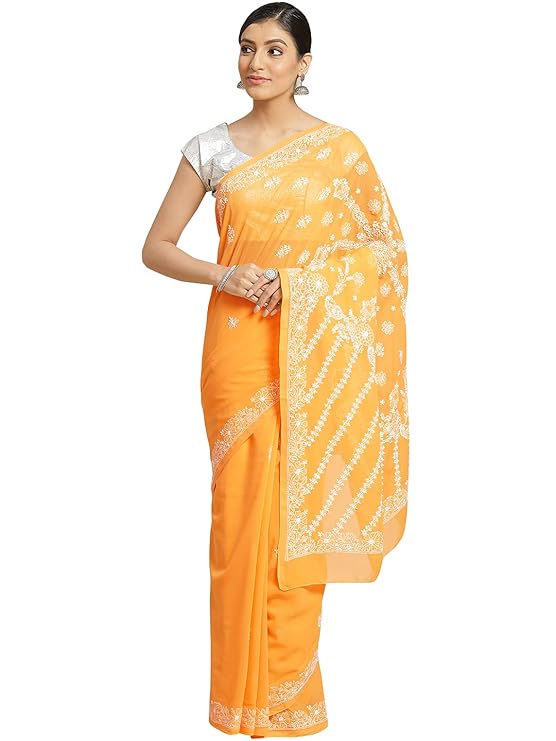 Ada Hand Embroidered Lucknow Chikankari Women's Georgette Saree with Unstitched Blouse Piece A2690