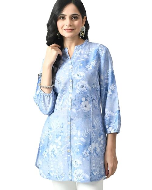 Meesan Women's Mandarin Collar Printed 3/4th Sleeves Tunic