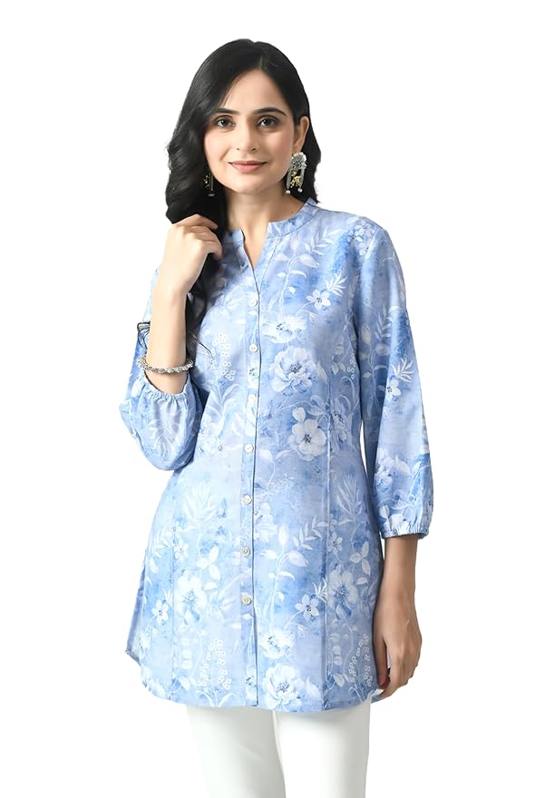 Meesan Women's Mandarin Collar Printed 3/4th Sleeves Tunic