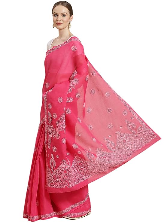 Ada Handcrafted Lucknowi Chikan Pure Cotton Saree with Unstitched Blouse for Women A311155 Magenta