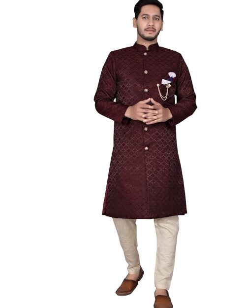 XEPON Men's Jacquard Full Sleeve Knee Length Indo Western Sherwani With Pajama Set