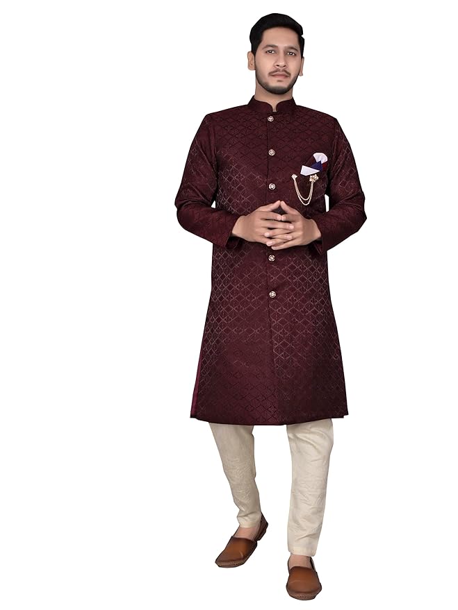 XEPON Men's Jacquard Full Sleeve Knee Length Indo Western Sherwani With Pajama Set