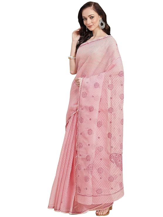 Ada Hand Embroidered Lucknowi Chikan Women's Kota Saree with Unstitched Blouse Piece A311349 Pink